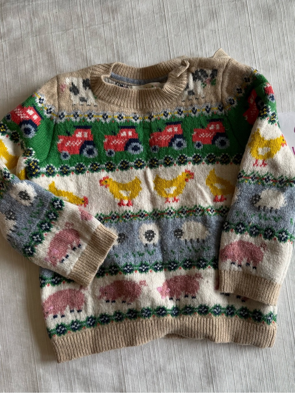 Kids Farm Animal Sweater with Tractors and Sheep - Mini Boden 18/24m